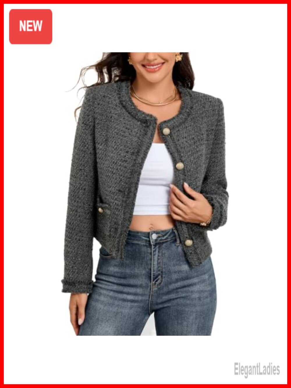 Women's Cropped Tweed Jacket Wool Blend Blazer Business Casual Office